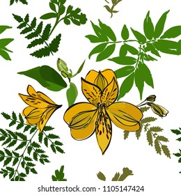 Floral seamless pattern with different flowers and tropical leaves. Botanical illustration hand painted. Textile print, fabric swatch, wrapping paper.