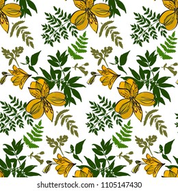 Floral seamless pattern with different flowers and tropical leaves. Botanical illustration hand painted. Textile print, fabric swatch, wrapping paper.
