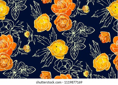 Floral seamless pattern with different flowers and leaves. Botanical illustration  hand painted. Textile print, fabric swatch, wrapping paper.