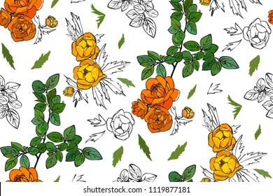Patrón floral sin fisuras con diferentes flores y hojas. Ilustración botánica pintada a mano. Impresión textil, muestra de la tela, papel de embalaje.