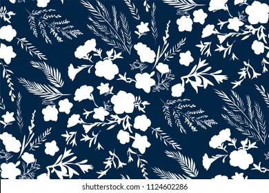 Floral seamless pattern with different flowers and leaves. Botanical illustration  hand painted. Textile print, fabric swatch, wrapping paper.