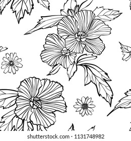 Floral seamless pattern with different flowers and leaves. Botanical illustration  hand painted. Textile print, fabric swatch, wrapping paper.