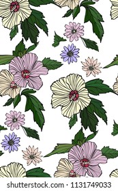 Floral seamless pattern with different flowers and leaves. Botanical illustration  hand painted. Textile print, fabric swatch, wrapping paper.