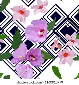 Floral seamless pattern with different flowers and leaves. Botanical illustration o black background, hand painted. Textile print, fabric swatch, wrapping paper.