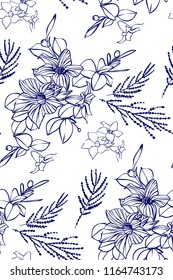 Floral seamless pattern with different flowers and leaves. Botanical illustration on white background hand painted. Textile print, fabric swatch, wrapping paper.