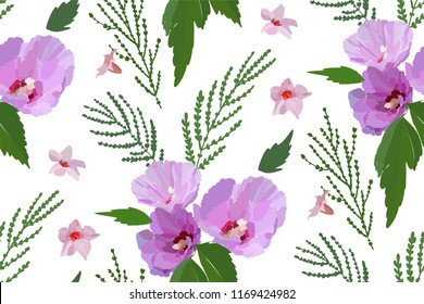 Floral seamless pattern with different flowers and leaves. Botanical illustration on white background hand painted. Textile print, fabric swatch, wrapping paper.
