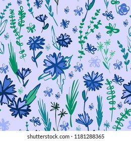 Floral seamless pattern with different flowers and leaves. Botanical illustration  hand painted. Textile print, fabric swatch, wrapping paper.