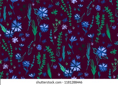 Floral seamless pattern with different flowers and leaves. Botanical illustration  hand painted. Textile print, fabric swatch, wrapping paper.