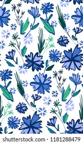 Floral seamless pattern with different flowers and leaves. Botanical illustration  hand painted. Textile print, fabric swatch, wrapping paper.