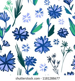 Floral seamless pattern with different flowers and leaves. Botanical illustration  hand painted. Textile print, fabric swatch, wrapping paper.