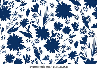 Floral seamless pattern with different flowers and leaves. Botanical illustration  hand painted. Textile print, fabric swatch, wrapping paper.
