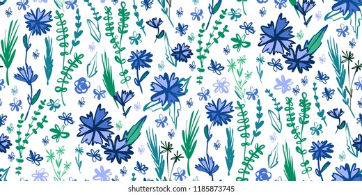 Floral seamless pattern with different flowers and leaves. Botanical illustration  hand painted. Textile print, fabric swatch, wrapping paper.