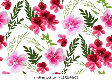 Floral seamless pattern with different flowers and leaves. Botanical illustration  hand painted. Textile print, fabric swatch, wrapping paper. Vector design.
