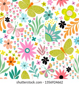 Floral seamless pattern with different flowers and plants, pastel colors, vector design