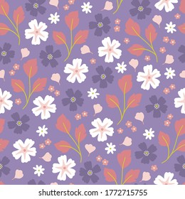 Floral sin costura con flores y ramas diferentes sobre fondo violeta. Papel pintado, papel de regalo, vacaciones de primavera y verano
