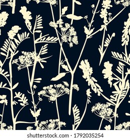 Floral seamless pattern with different flowers and leaves. Botanical illustration hand painted. Textile print, fabric swatch, wrapping paper.
