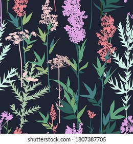 Patrón floral sin costuras con flores y hojas diferentes. Ilustración botánica pintada a mano. Impresión textil, muestra de tela, papel envolvente.