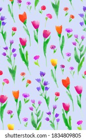 Floral seamless pattern with different flowers and leaves. Botanical illustration hand painted. Textile print, fabric swatch, wrapping paper.
