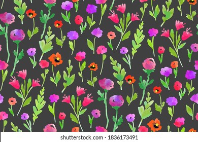 Patrón floral sin costuras con flores y hojas diferentes. Ilustración botánica pintada a mano. Impresión textil, muestra de tela, papel envolvente.
