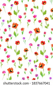 Patrón floral sin costuras con flores y hojas diferentes. Ilustración botánica pintada a mano. Impresión textil, muestra de tela, papel envolvente.
