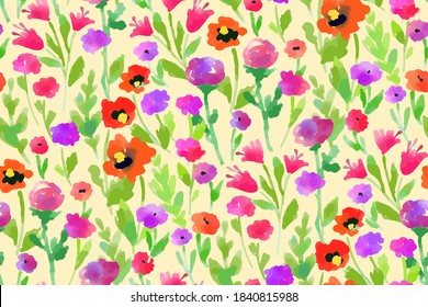 Floral seamless pattern with different flowers and leaves. Botanical illustration hand painted. Textile print, fabric swatch, wrapping paper.
