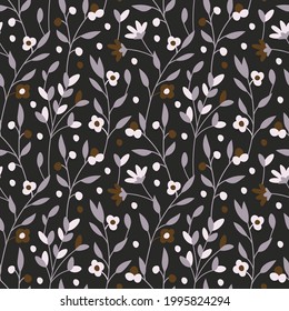 Patrón floral sin soldadura con flores y hojas diferentes sobre fondo negro