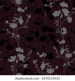 Patrón floral sin costuras con diferentes flores y siluetas de hojas. Ilustración botánica pintada a mano. Impresión textil, muestra de tela, papel envolvente.
