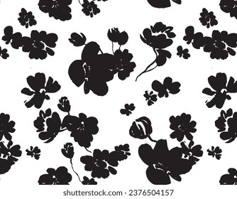 Patrón floral sin costuras con diferentes flores y siluetas de hojas. Ilustración botánica pintada a mano. Impresión textil, muestra de tela, papel envolvente.
