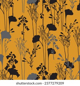 Patrón floral sin costuras con diferentes flores y siluetas de hojas. Ilustración botánica pintada a mano. Impresión textil, muestra de tela, papel envolvente.