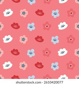 Floral seamless pattern with different flowers on pink background. Perfect for wallpaper, gift paper, spring and summer greeting cards. Vector hand drawn illustration