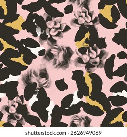 Floral seamless pattern with different flowers. Vector background, design, print. Vintage halftone, mixed media