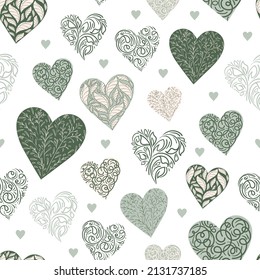 Floral seamless pattern with different heart in graphic style. Heart shape from leaves and abstracts forms. Illustration perfect for design of Valentine's Day and wedding, wrap, fabric, home textile.