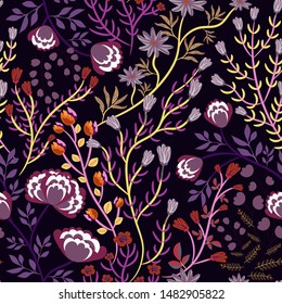 Floral seamless pattern with different kinds of flowers, leaves, herbs on dark background. Colorful abstract Botanical print in hand-drawn style. Purple-orange texture, fashion template.  Vector.