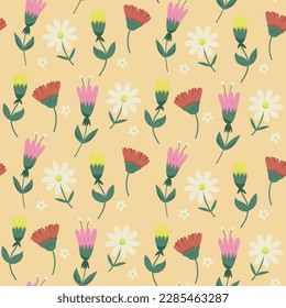 Floral Seamless Pattern with Different Multicolor Minimalist flowers on yellow background. Spring Background with Blossom Flowers for Fabric, Wallpaper, Posters, Banners. Vector illustration