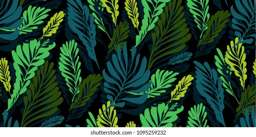 Floral seamless pattern with different tropical leaves. Botanical illustration  hand painted. Textile print, fabric swatch, wrapping paper.

