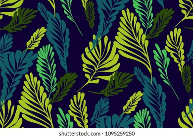 Floral seamless pattern with different tropical leaves. Botanical illustration  hand painted. Textile print, fabric swatch, wrapping paper.