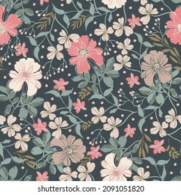 Floral seamless pattern, ditsy flowers on dark background. Perfect for fabric, stationery, scrapbooking, wallpaper