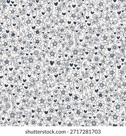 Patrón floral sin fisuras. Estampado floral. Lindo patrón en flor Pequeña. Pequeñas flores de color azul oscuro sobre fondo claro. fondo simple. Textura textil de diseño botánico. Diseño de la planta minúscula para la moda, tela, Fondo de pantalla, envoltura