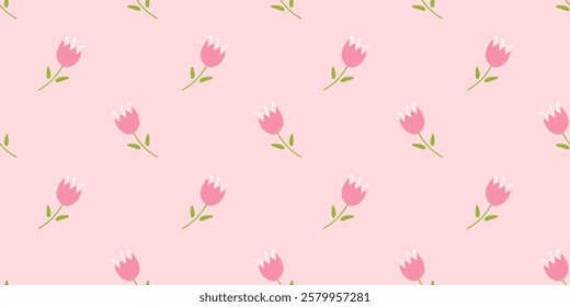 Floral seamless pattern in ditsy style. Abstract pink flowers on pink background. Bells, wild flowers, stems, foliage. Summer design for dress, cover, surfaces. Cute design: small flowers, leaves