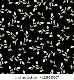 Floral seamless pattern. Doodle abstract bud flowers scattered random. Trendy monochrome vector texture. Good for fashion prints, fabric, design. Hand drawn pastel floral branches on black background