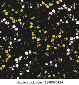 Floral seamless pattern. Doodle abstract branches scattered random. Trendy vector texture. Good for fashion prints, design. Hand drawn small white, yellow flowers on black background with polka dots