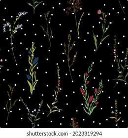 Floral seamless pattern. Doodle abstract branches scattered random. Trendy vector texture. Good for fashion prints, design. Hand drawn small colorful flowers on black background with polka dots