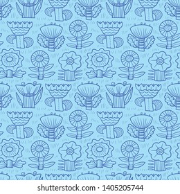 Floral seamless pattern. Doodle background with abstract flowers and leaves.Vector illustration in sketchy line art style. Background for spring and summer seasonal designs