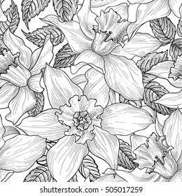 Floral seamless pattern, doodle background, engraving texture. Flourish sketch tiled wallpaper