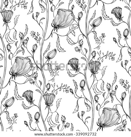 Floral seamless pattern, doodle  background, coloring page. For textile, wrapping, cards, relaxtion