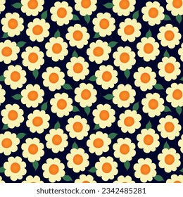 Floral seamless pattern. Doodle cartoon chamomile with green leaves repeat on dark background. Vector illustration.