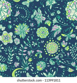 Floral seamless pattern with doodle flowers, illustration, vector