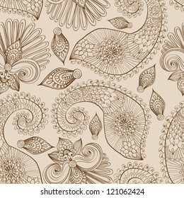 Patrón floral sin fisuras con flores de doodle y paisley, ilustración vectorial