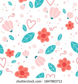 Floral seamless pattern with doodle flowers and leaves. Vector illustration