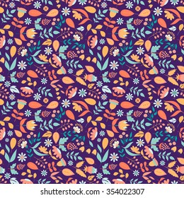 Floral seamless pattern with doodle flowers and leaves. Vector blooming floral texture for card, wrapping paper, invitation, card, wedding, surface or pajama pattern. Gentle autumn vector background.